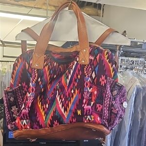 Nena And Co Guatemala Boho Multicolor Woven Tote Bag with Brown Leather Backpack